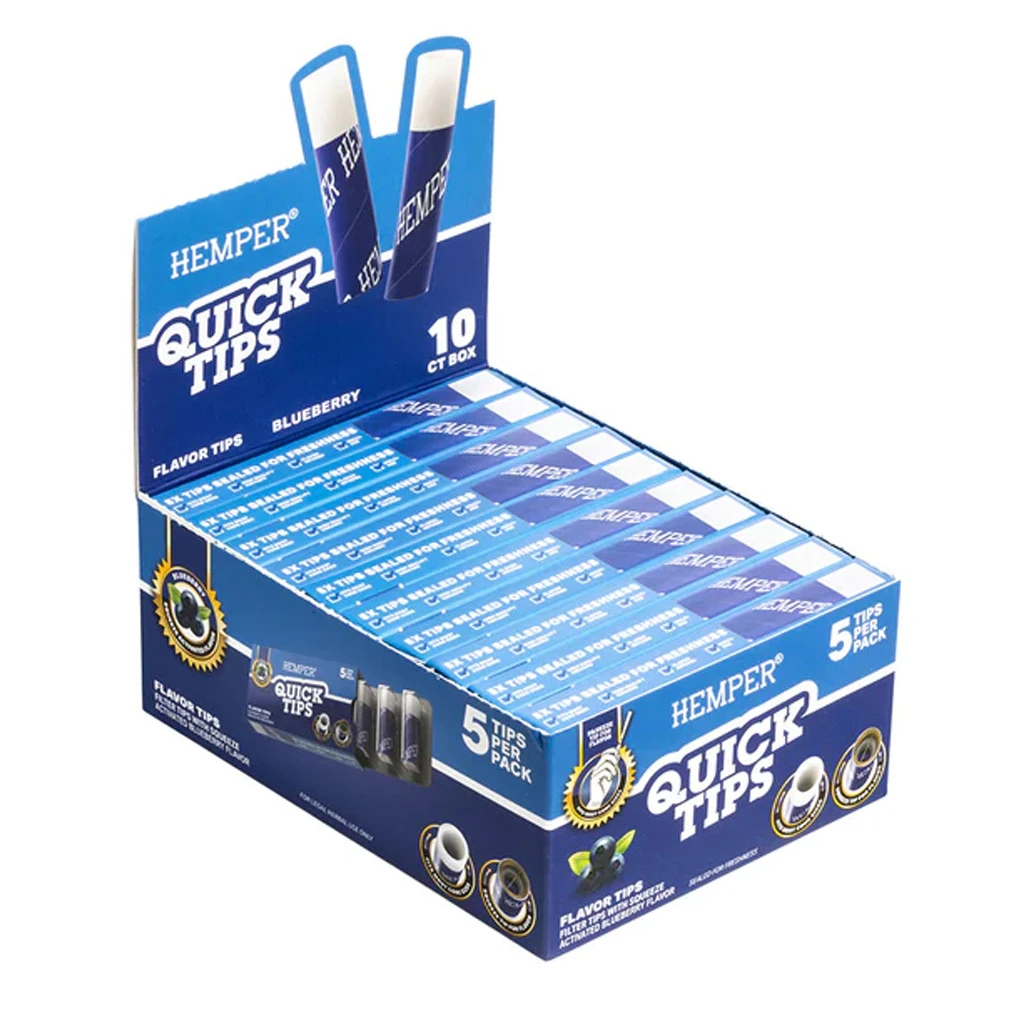 Expositor azul de filtros Hemper Quick Tips Blueberry con varias cajas alineadas y la indicación de cinco filtros por paquete.