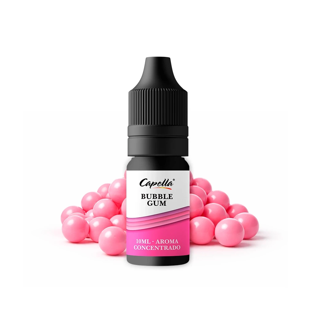 Frasco Capella Bubble Gum con tapón negro y etiqueta blanca y rosa de aroma concentrado de 10 ml, rodeado de bolas rosas.