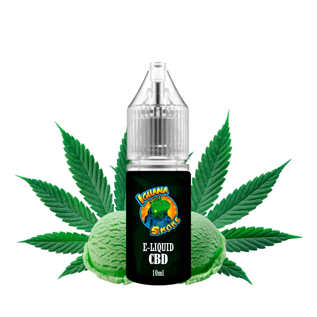 Frasco de CBD E-Liquid Gelato de Iguana Smoke con tapón transparente, rodeado de hojas de cannabis y dos bolas de helado verde.