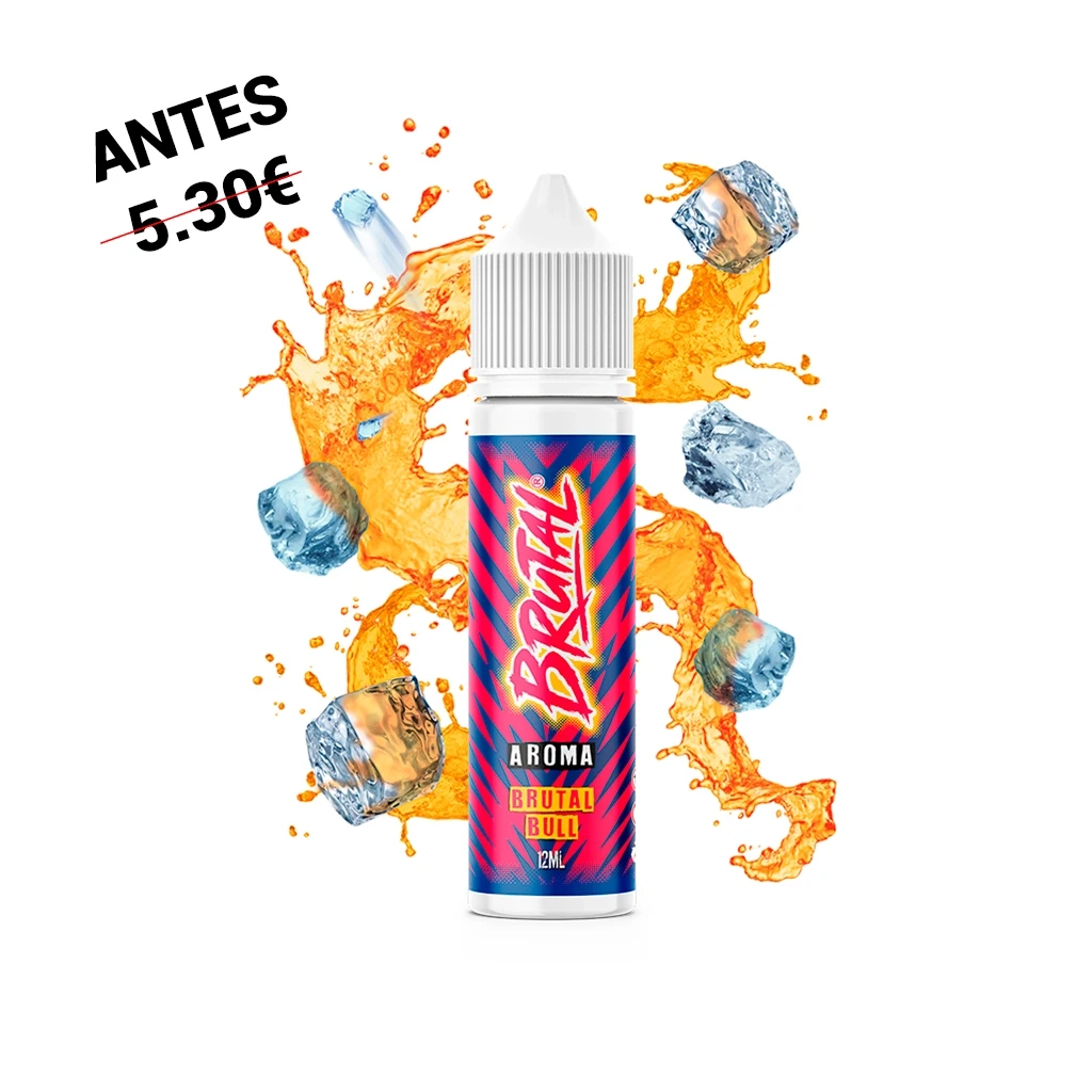 Frasco de aroma Brutal Bull con tapón blanco y etiqueta rosa y azul, rodeado de salpicaduras naranjas y cubitos de hielo.