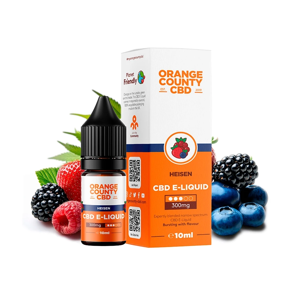 E-líquido CBD Heisen de Orange County CBD, con frasco y caja blanca y naranja de 300 mg y 10 ml, rodeados de frutos rojos y arándanos.