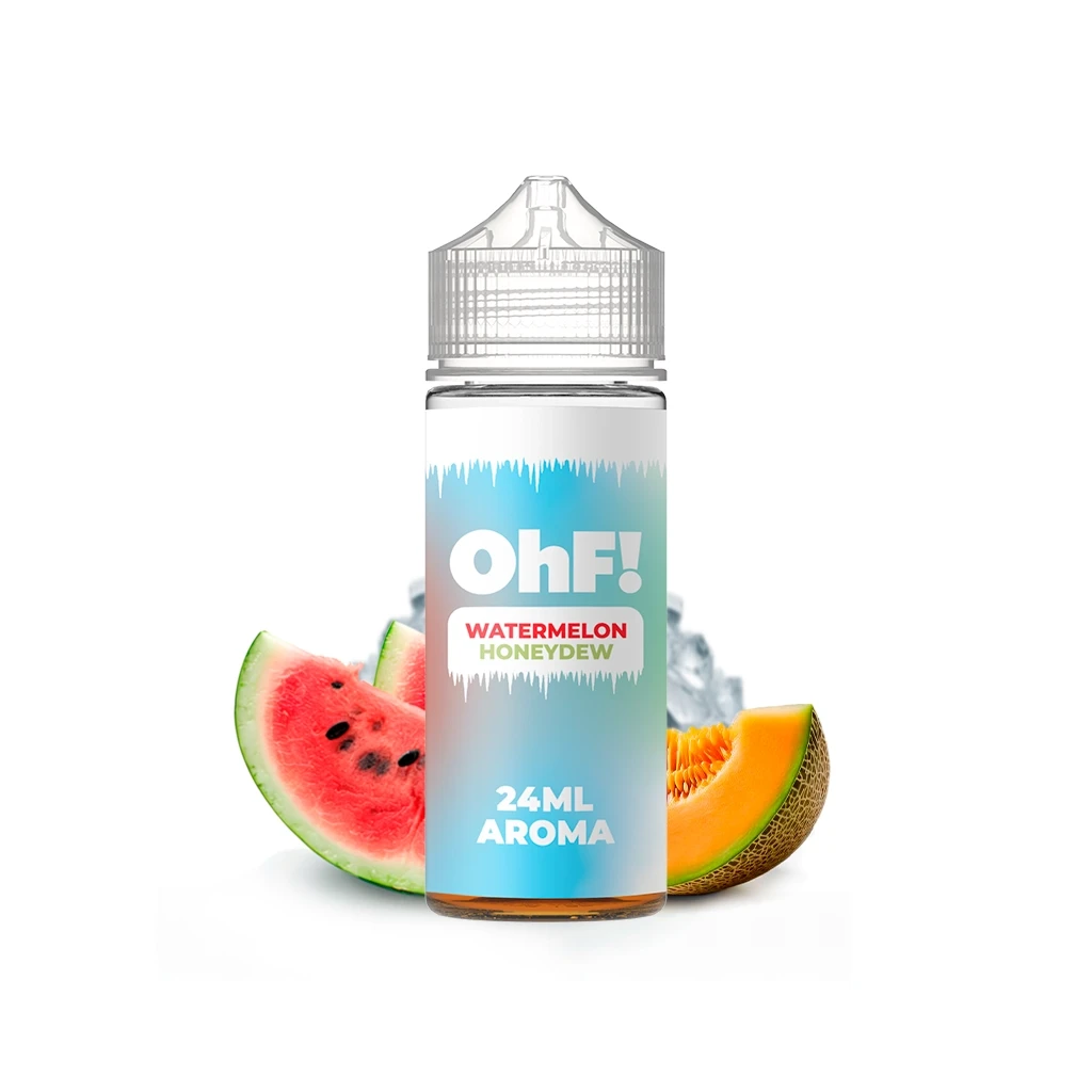 Botella OhF Ice Watermelon Honeydew Longfill con etiqueta «24 ML AROMA», junto a rodajas de sandía y melón y cubitos de hielo.