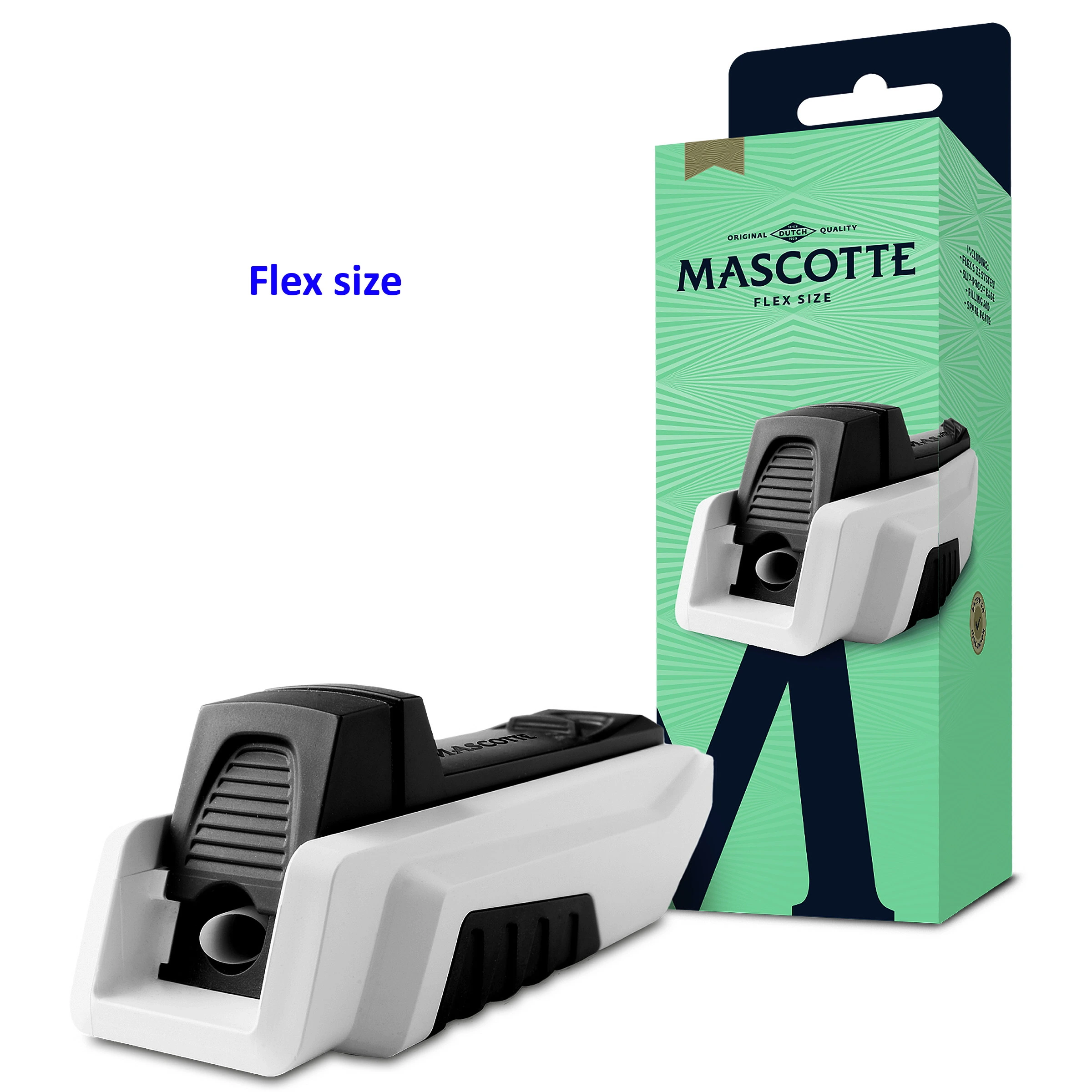 Máquina de entubar Mascotte Flex Size blanca y negra, en perspectiva junto a su caja verde sobre fondo blanco.
