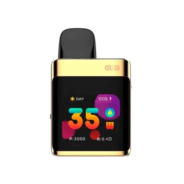 Uwell Caliburn G3 Pro Koko negro con bordes dorados, boquilla superior y pantalla a color que muestra 35 W y batería al 100 %.