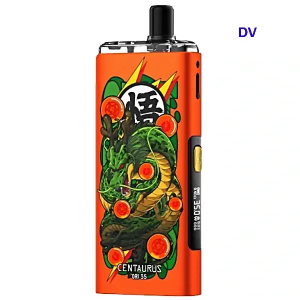 Pod Lost Vape Centaurus Ori 35 Dragon Spirit naranja, con un dragón verde ilustrado, boquilla negra y pantalla lateral. Pod Lost Vape Centaurus Ori 35 Dragon Spirit naranja, con un dragón verde ilustrado, boquilla negra y pantalla lateral.