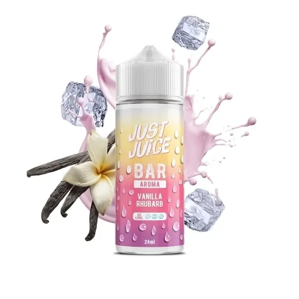 Bote Just Juice Bar con etiqueta «Vanilla Rhubarb», rodeado de vainas, una flor clara, cubitos de hielo y una salpicadura rosa.