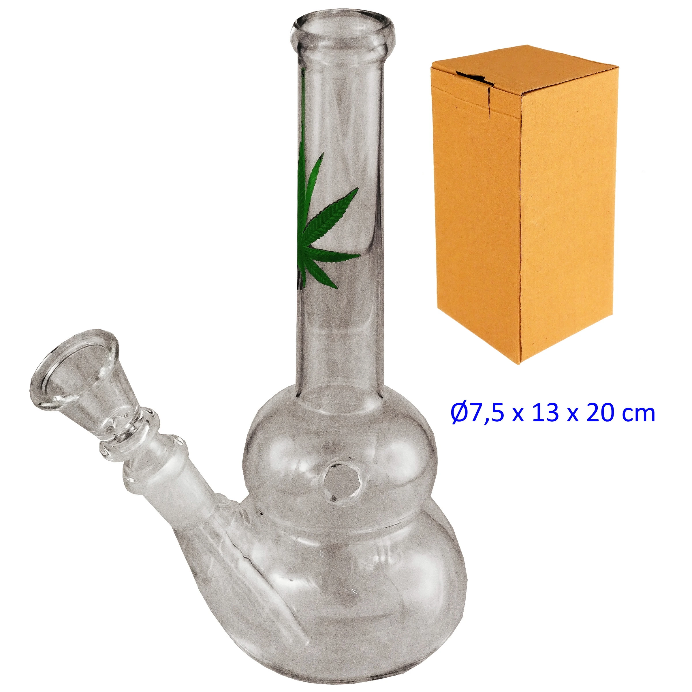 Bong de cristal transparente con base abombada, cuello recto, hoja verde y cazoleta lateral, junto a una caja de cartón.