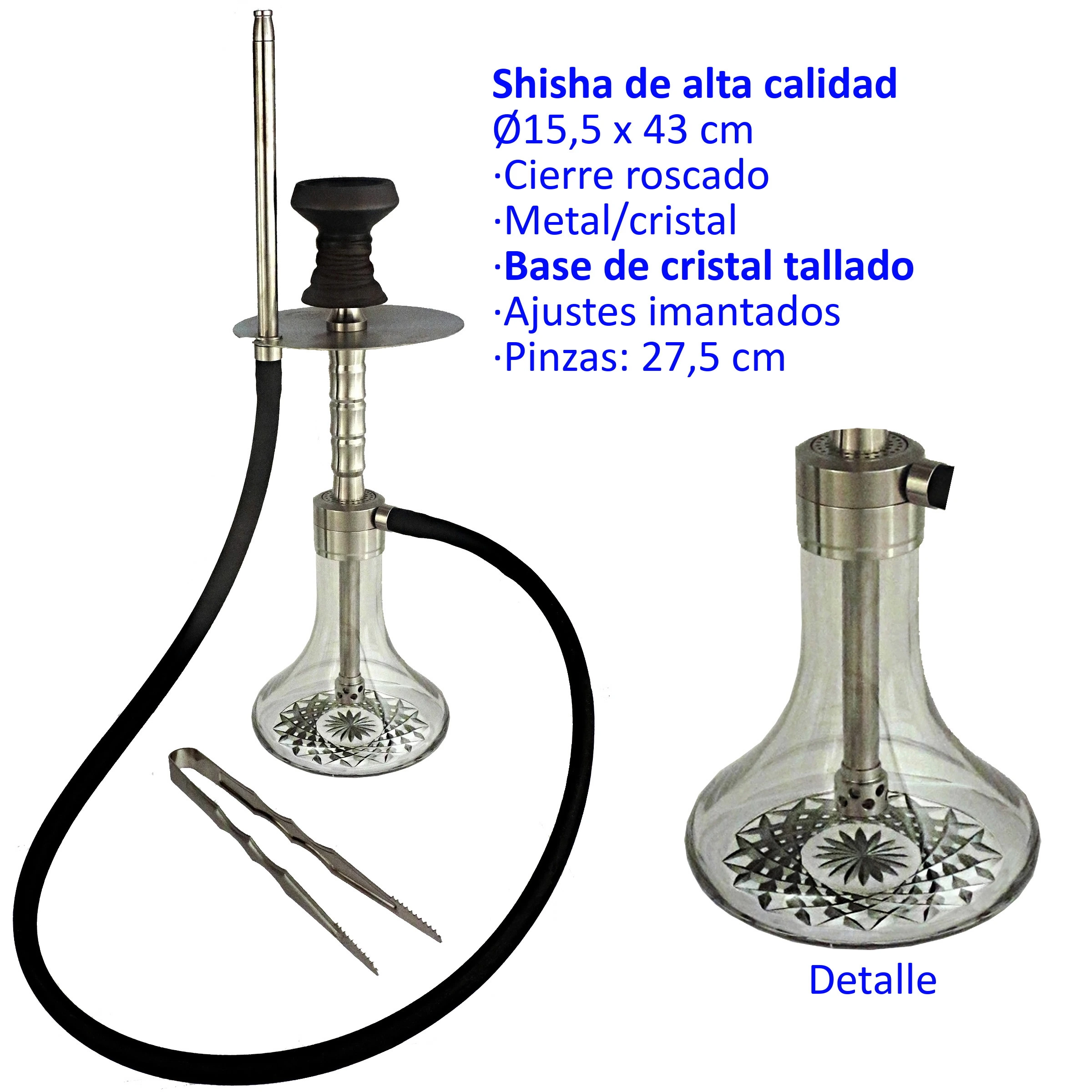 Shisha con cuerpo metálico, base transparente tallada, manguera negra y pinzas; al lado se amplía el detalle de la base.