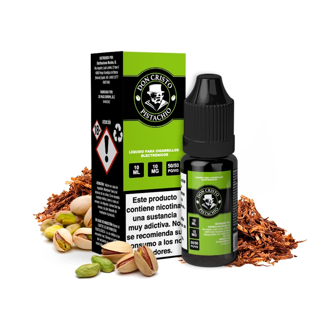 Frasco y caja verde y negra de Don Cristo Pistachio, con indicaciones de 10 ml y 10 mg, rodeados de pistachos y hojas de tabaco.