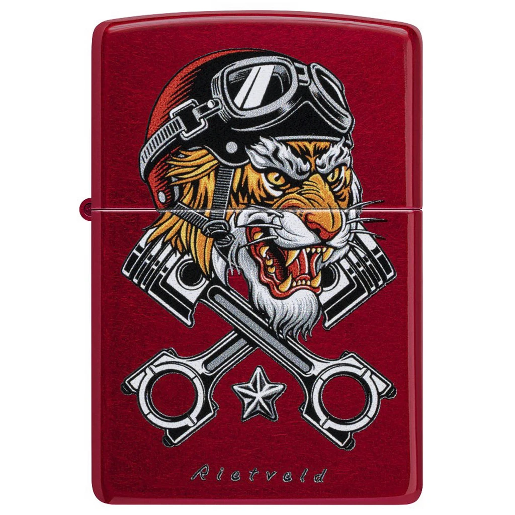 Encendedor Zippo Rietveld rojo, cerrado y de frente, con un tigre con casco y gafas, pistones cruzados y una estrella.