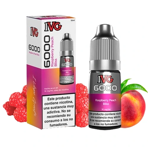 Frasco y caja de IVG 6000 Salts Raspberry Peach Bliss, con etiqueta rosa, tapón gris, frambuesas y un melocotón sobre fondo blanco.