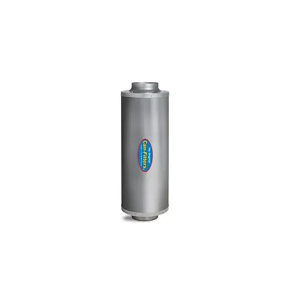 Filtro Can Filter in-Line de cuerpo cilíndrico gris, con conexiones circulares en ambos extremos y etiqueta ovalada, sobre fondo blanco.