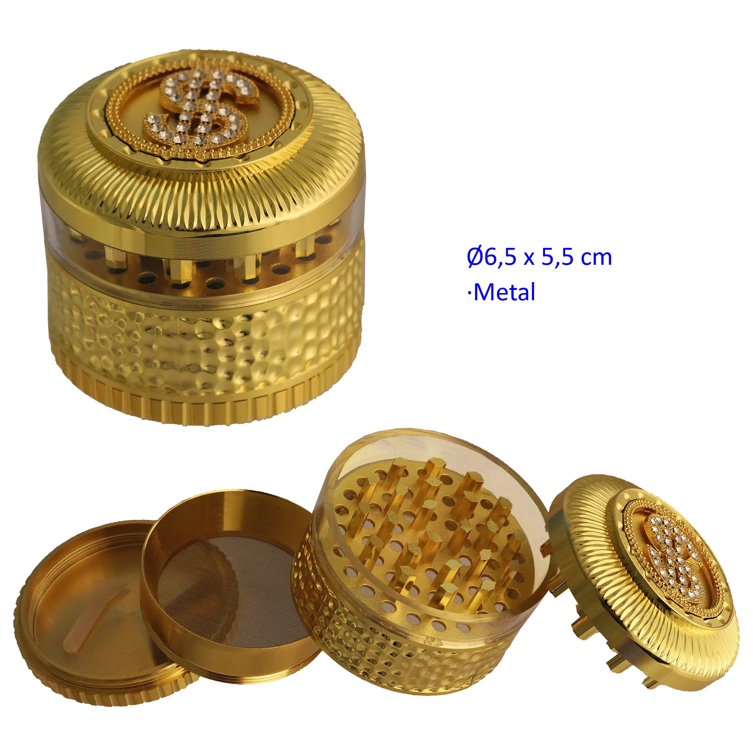 Grinder dorado mostrado cerrado y desmontado en cuatro partes, con dientes, tamiz y símbolo del dólar con piedras brillantes en la tapa.
