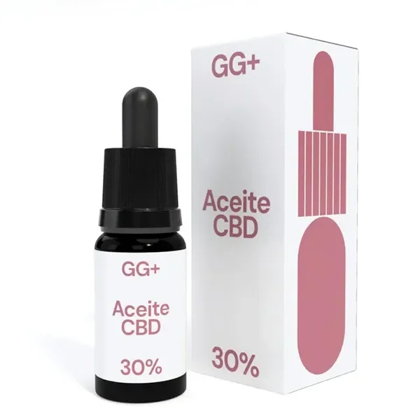 Frasco oscuro con cuentagotas negro junto a su caja blanca, ambos con letras rosas que indican GG+, Aceite CBD y 30%.