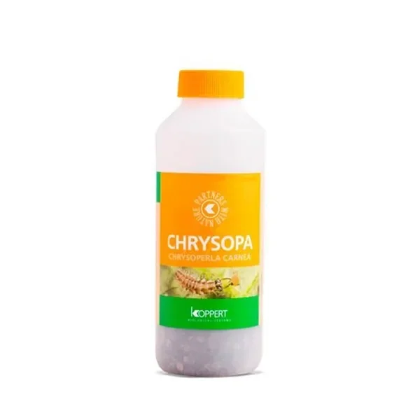 Bote de Chrysoperla carnea de Koppert con tapón amarillo y etiqueta naranja y verde con una larva ilustrada.