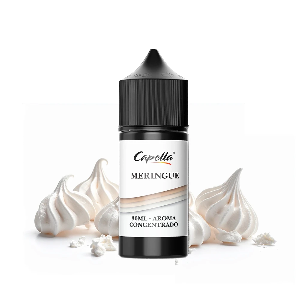 Frasco de aroma Meringue de Capella, con tapón negro y etiqueta blanca de 30 ml, rodeado de merengues sobre fondo blanco.