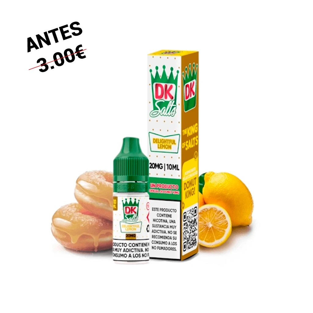 Frasco de Donut King Salts Delightful Lemon con tapón verde y caja blanca y amarilla, junto a dónuts y limones.