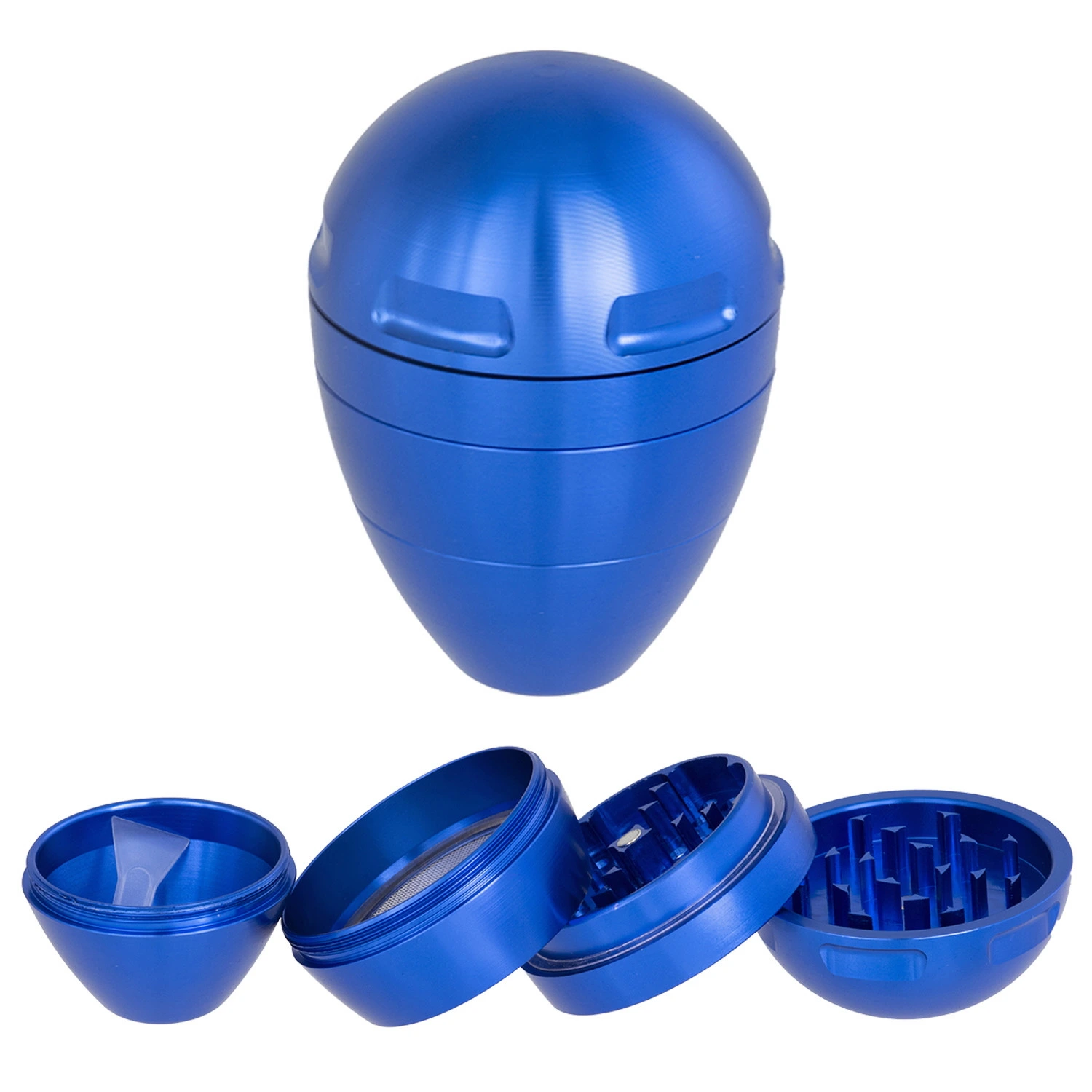 Grinder azul con forma de huevo, mostrado cerrado y desmontado en cuatro partes, con dientes, tamiz y pequeña espátula.