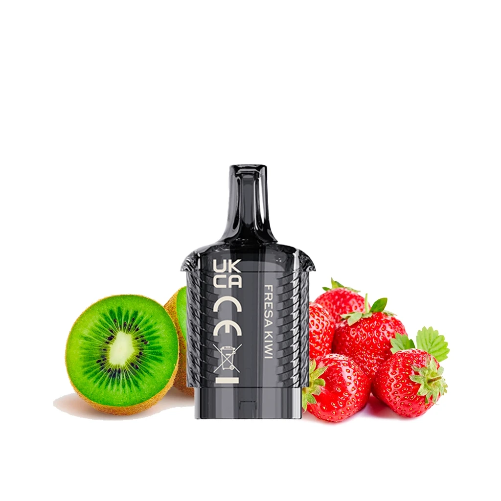 Pod Vista Plug Strawberry Kiwi de cuerpo oscuro y boquilla superior, con el texto «FRESA KIWI», junto a fresas y un kiwi cortado.