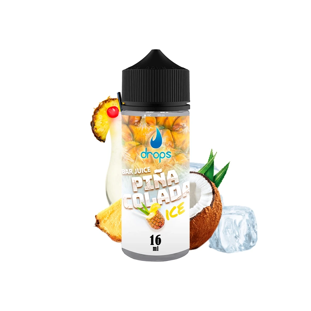 Bote Drops Bar Juice Piña Colada Ice de 16 ml con tapón negro, rodeado de piña, medio coco, hielo y una copa decorada.