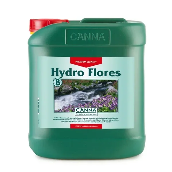 Garrafa verde de CANNA Hydro Flores B con asa superior, tapón rojo y etiqueta con una cascada y la indicación «versión blanda». Garrafa verde de CANNA Hydro Flores B con asa superior, tapón rojo y etiqueta con una cascada y la indicación «versión blanda».