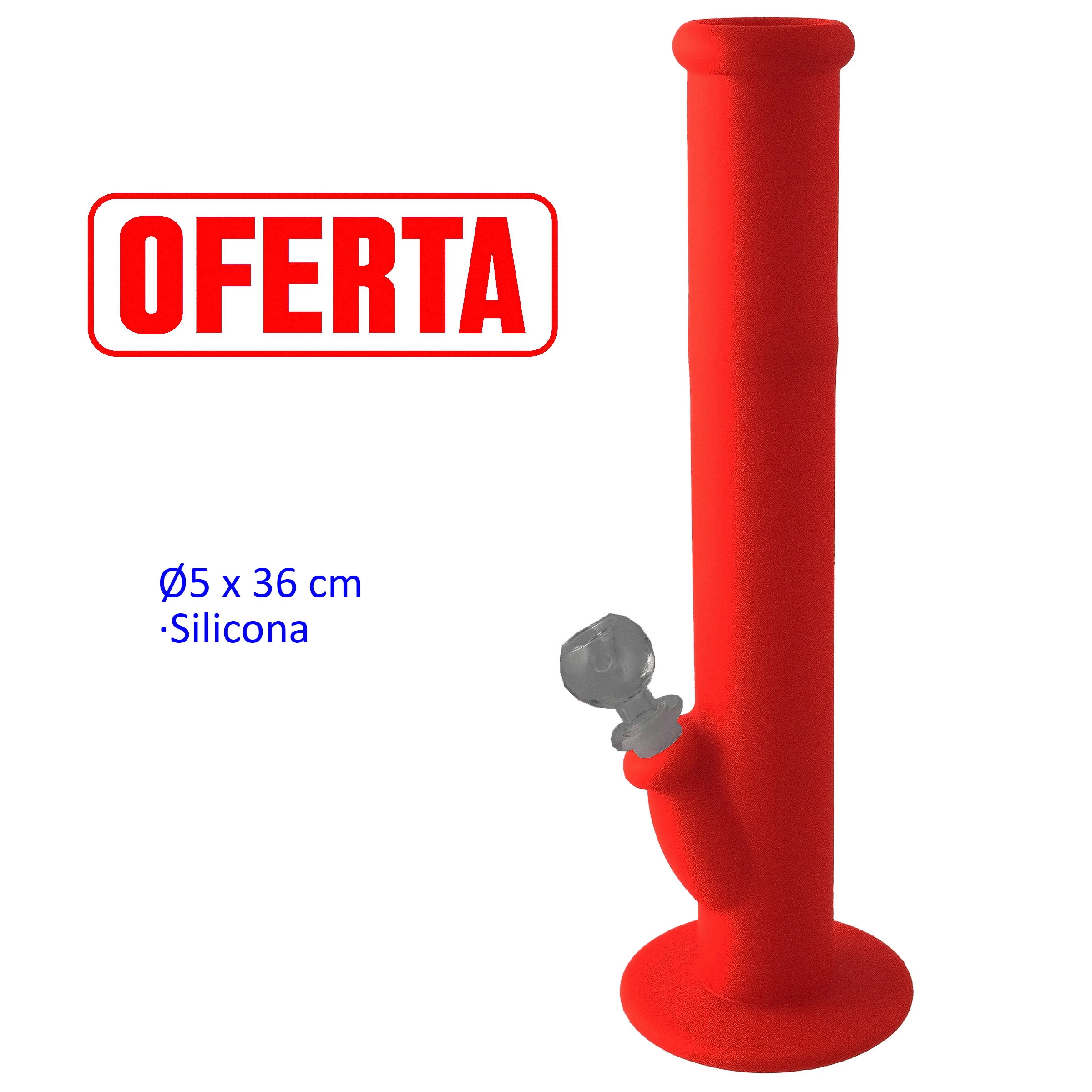 Bong rojo de tubo recto y base circular ancha, con una cazoleta transparente inclinada en el lateral, sobre fondo blanco.