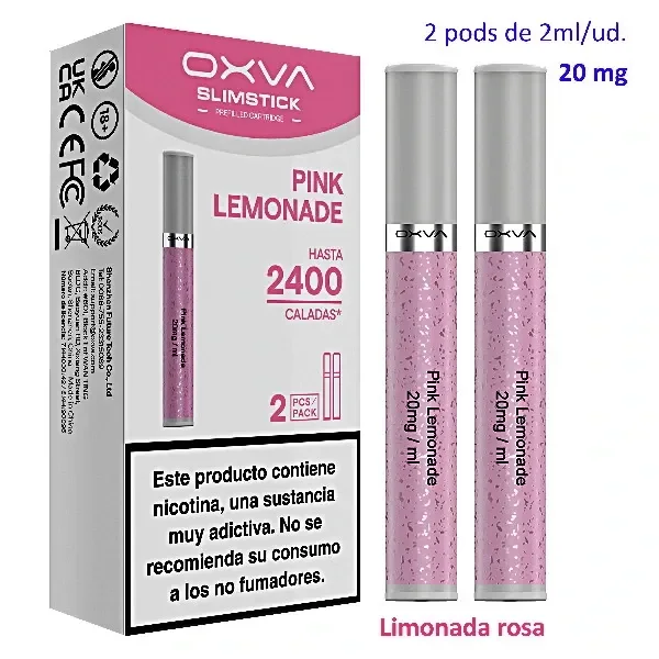 Caja de OXVA SlimStick Pink Lemonade junto a dos pods rosas con tapas grises; se indican 20 mg/ml y una advertencia sobre la nicotina.