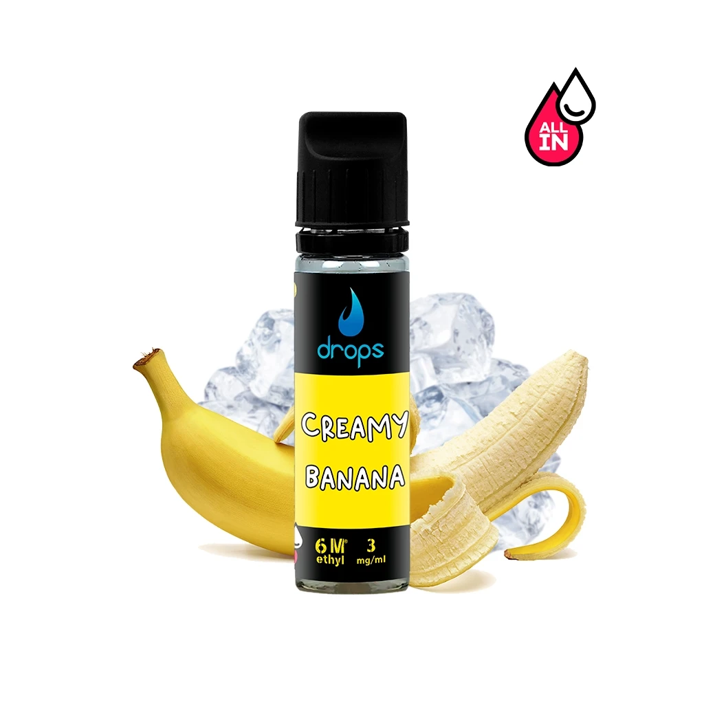Frasco Drops Creamy Banana con tapón negro y etiqueta amarilla, delante de plátanos y cubitos de hielo, con emblema All In.