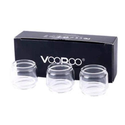 Tres cristales transparentes Uforce Bubble Glass de perfil abombado, alineados delante de una caja negra con el logotipo Voopoo.
