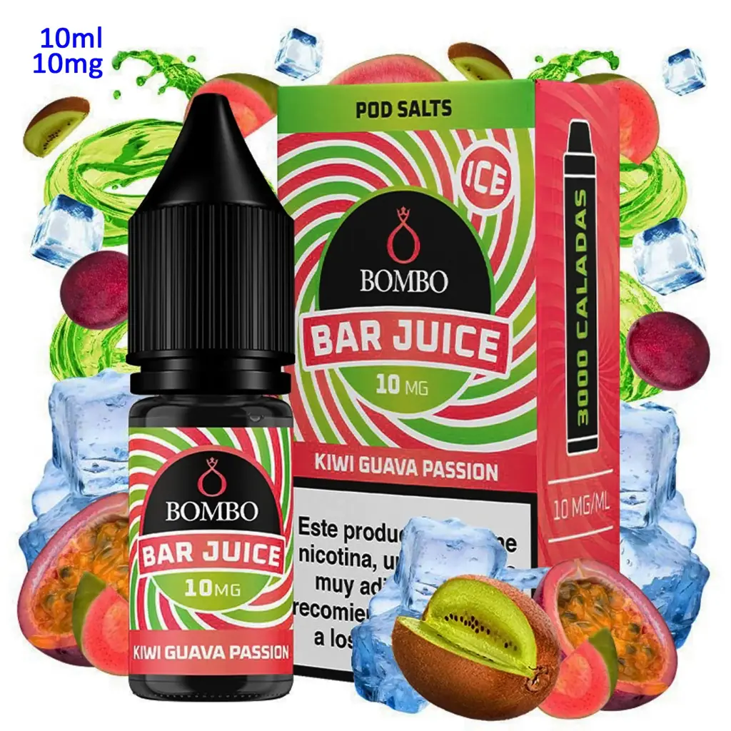 Frasco y caja de Bar Juice by Bombo Kiwi Guava Passion Ice, con etiquetas verdes y rojas, rodeados de frutas y cubitos de hielo.