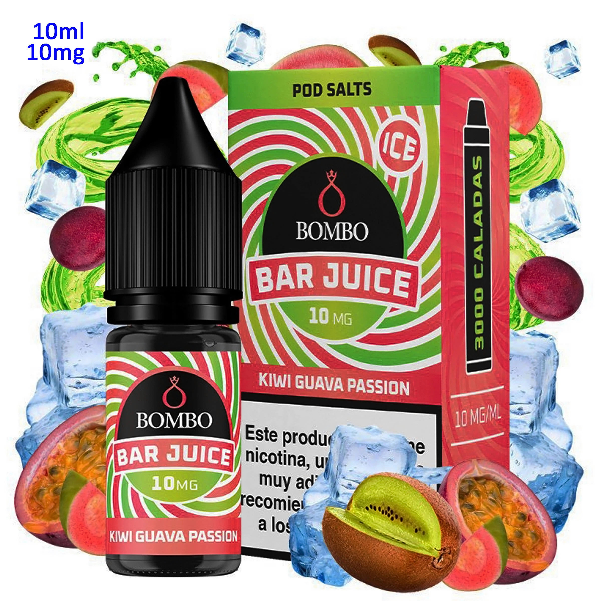 Frasco y caja de Bar Juice by Bombo Kiwi Guava Passion Ice, con etiquetas verdes y rojas, rodeados de frutas y cubitos de hielo.