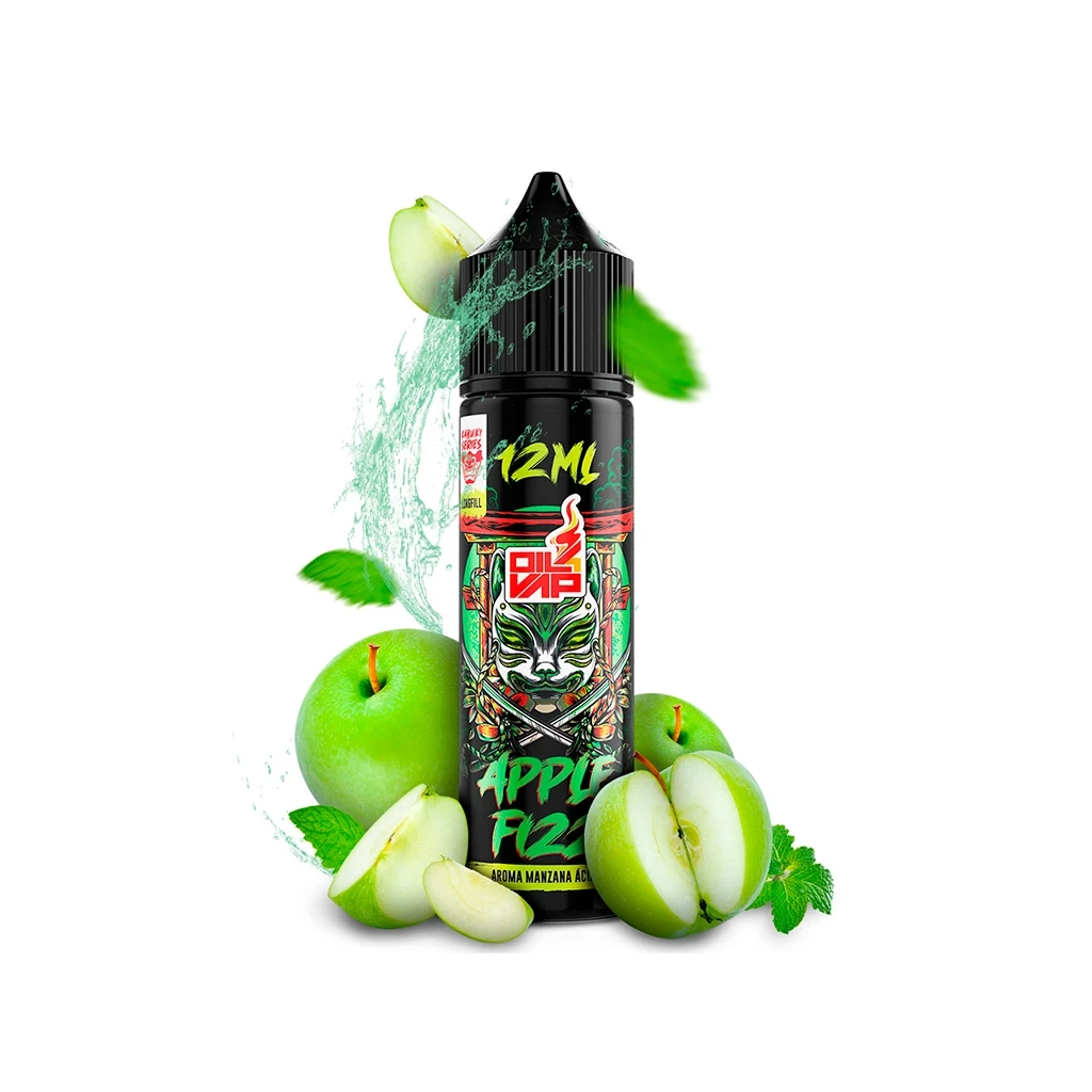 Frasco de Oil4Vap Apple Fizz con tapón negro y etiqueta ilustrada, rodeado de manzanas verdes enteras y cortadas y una salpicadura.