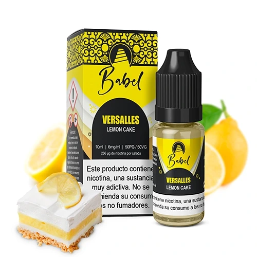 Frasco de e-líquido Babel Versalles con tapón negro y caja amarilla, junto a limones y una porción de tarta.