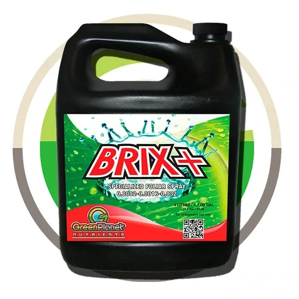 Garrafa negra de Brix+ Green Planet Nutrients con asa integrada, tapón negro y etiqueta verde y roja con una salpicadura ilustrada. Garrafa negra de Brix+ Green Planet Nutrients con asa integrada, tapón negro y etiqueta verde y roja con una salpicadura ilustrada.