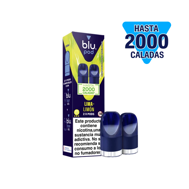 Caja de blu pods Lima-Limón junto a recambios azules, sobre fondo negro, con el texto «Hasta 2000 caladas».