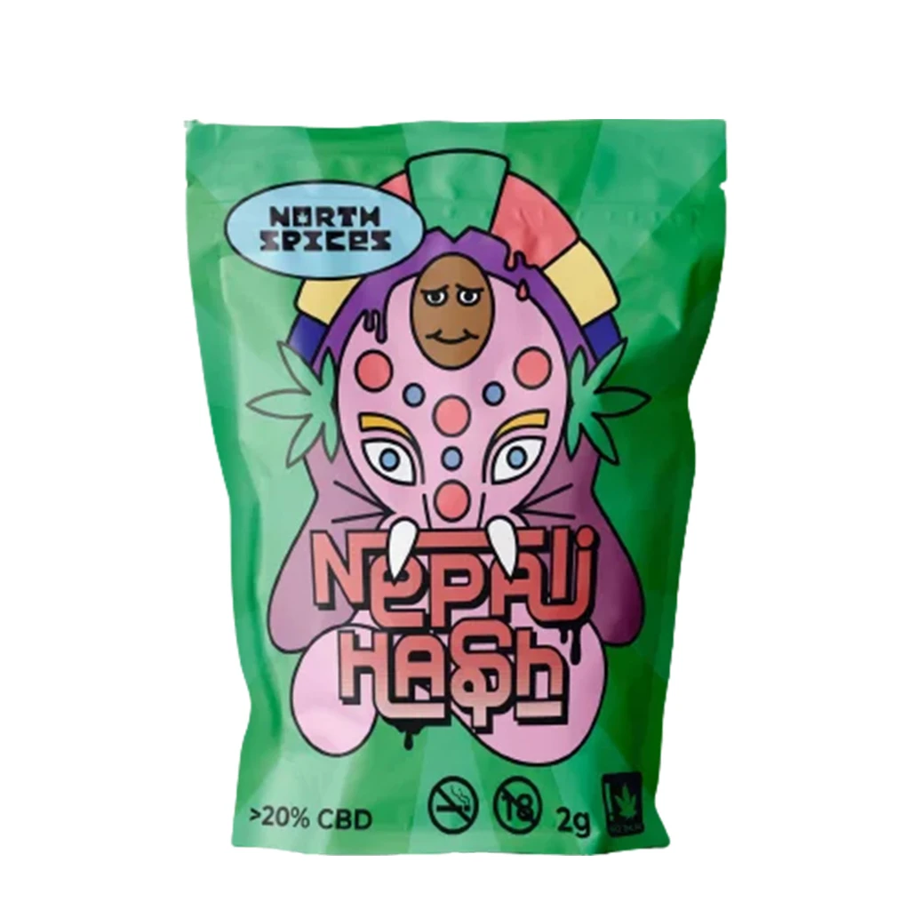 Bolsa verde de hash CBD North Spices con una ilustración multicolor de elefante y las inscripciones «Nepali Hash» y «2 g».