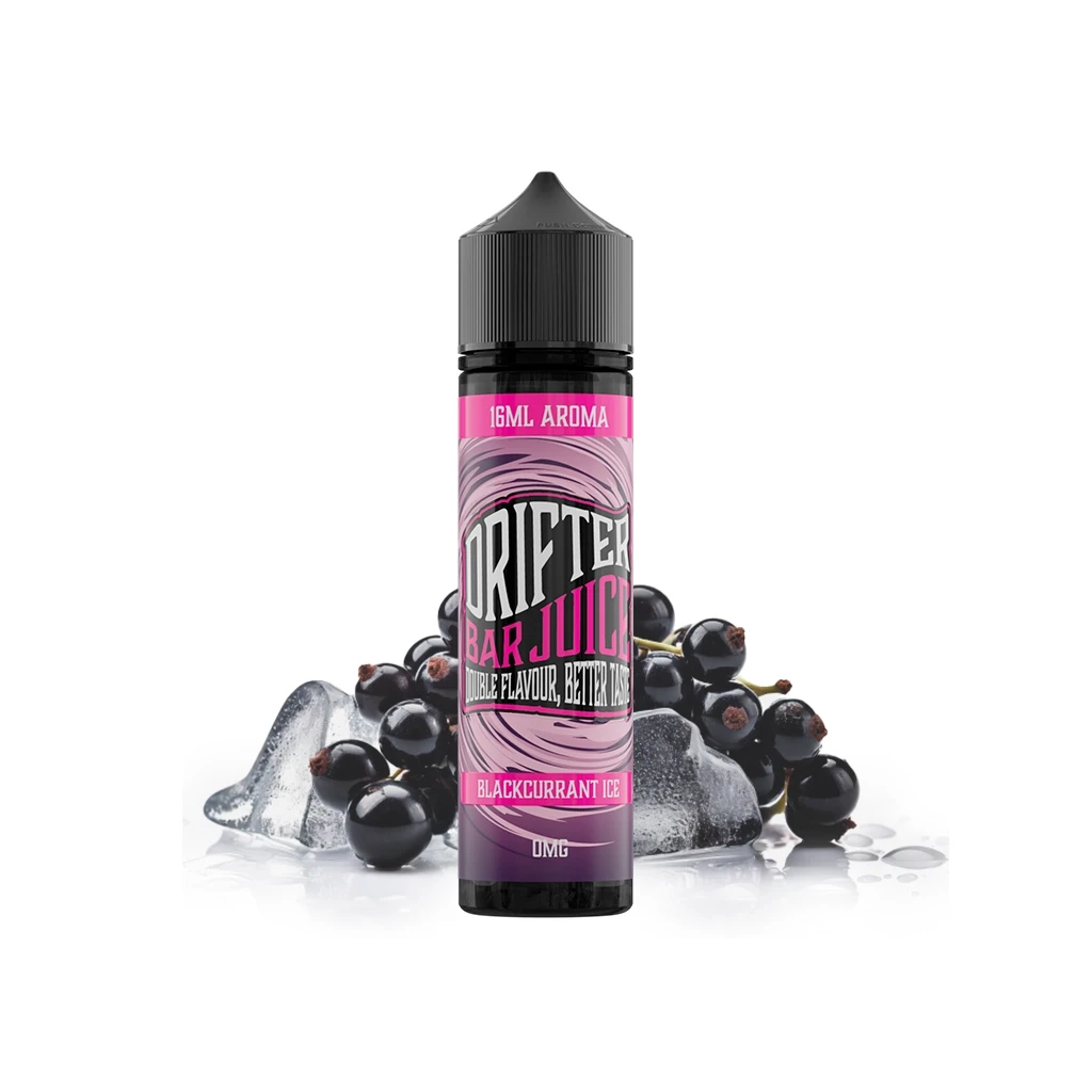 Botella Drifter Bar Blackcurrant Ice con tapón negro y etiqueta rosa y morada, rodeada de grosellas negras y cubitos de hielo.
