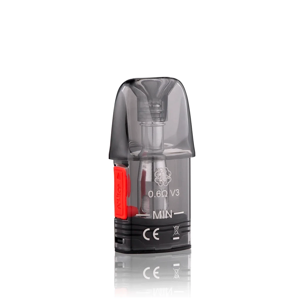Pod de repuesto Dotmod DotPod translúcido, con boquilla gris, tapón lateral rojo y marcas visibles de 0,6 Ω V3 y nivel mínimo.