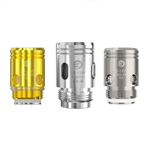 Selección de tres modelos de resistencia Joyetech EX, uno dorado y dos plateados, con distintas aberturas laterales y bases roscadas.