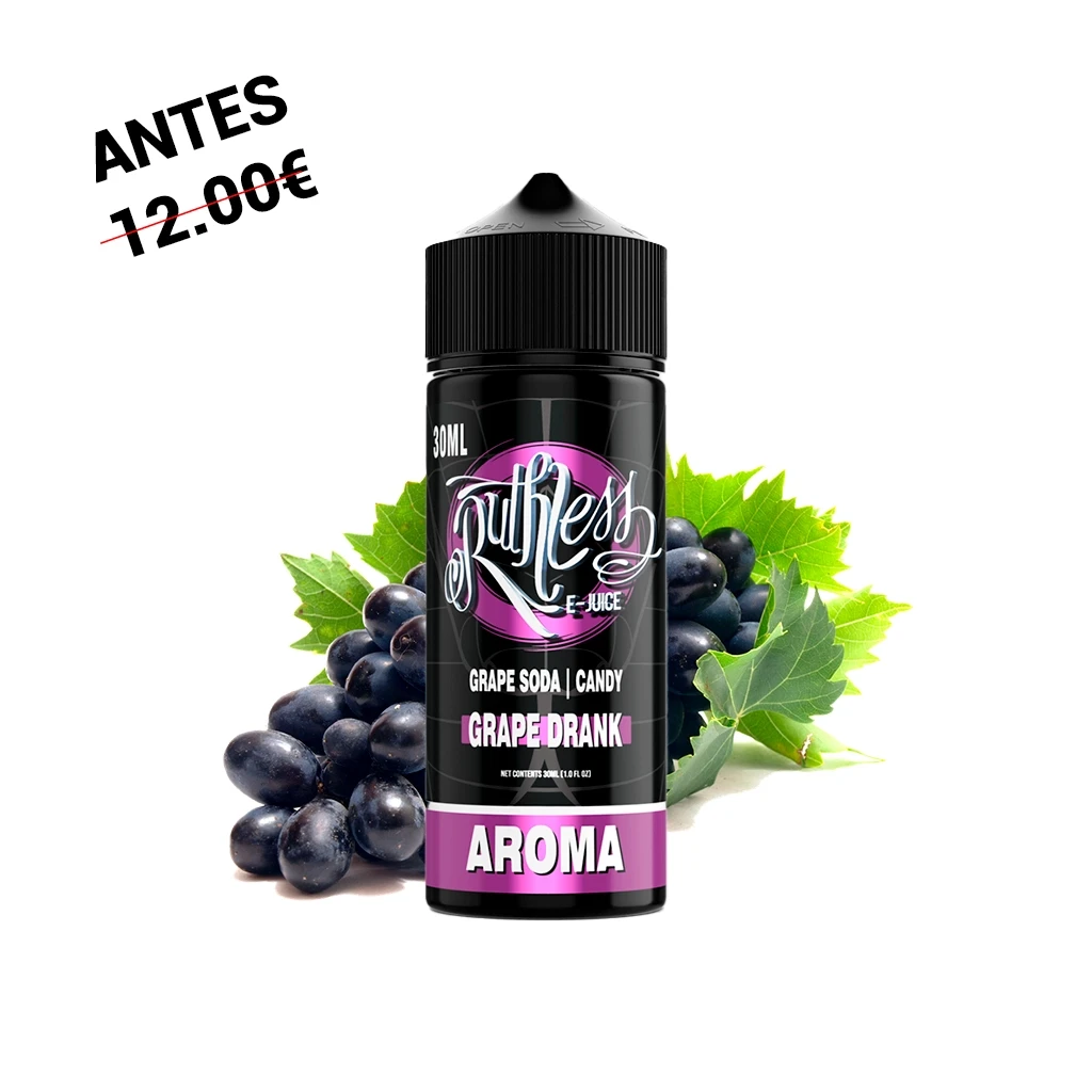 Bote negro de Ruthless Grape Drank de 30 ml, con etiqueta morada y la palabra «Aroma», rodeado de uvas oscuras y hojas verdes.