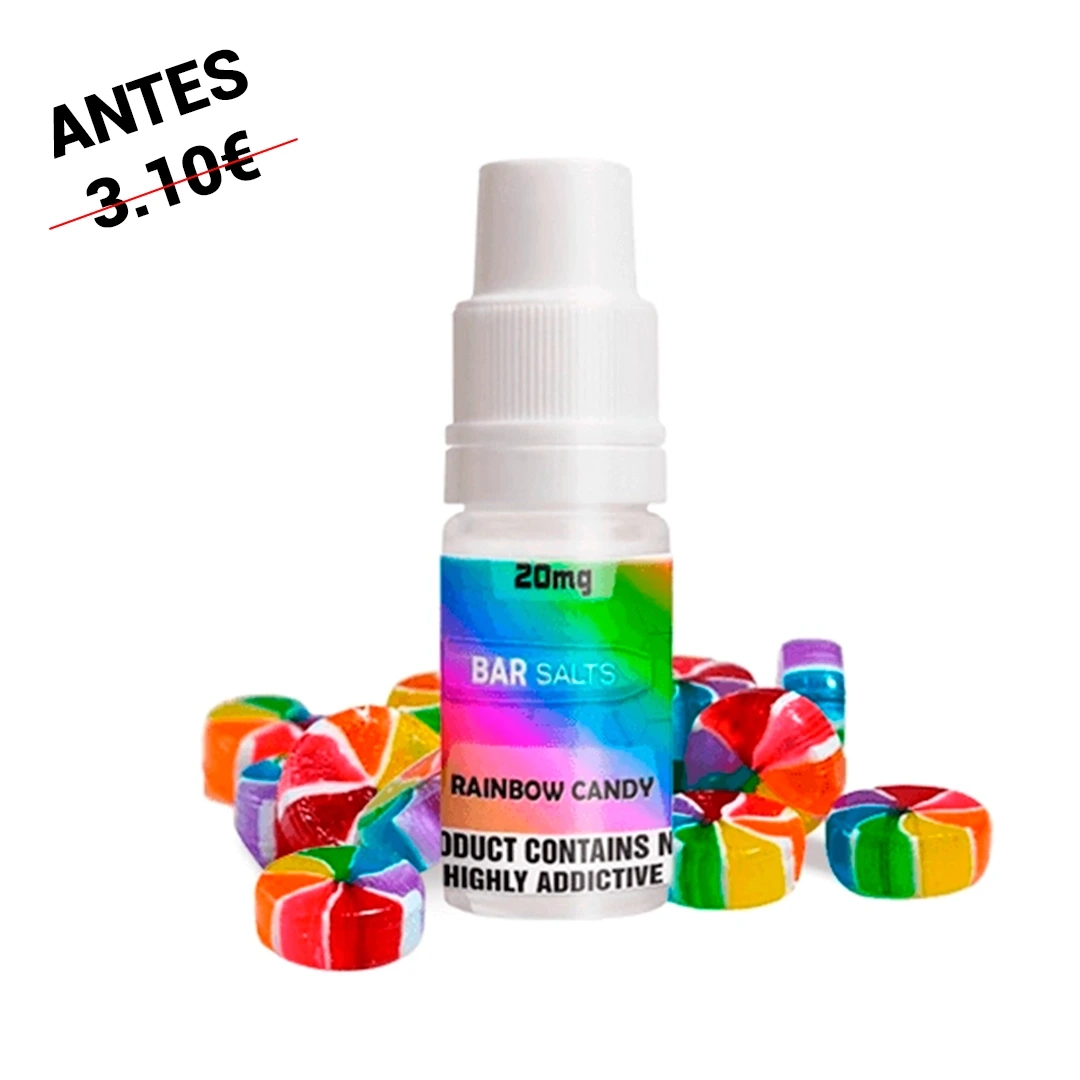 Frasco de Bar Salts Rainbow Candy con tapón blanco y etiqueta multicolor marcada «20 mg», rodeado de caramelos de colores.