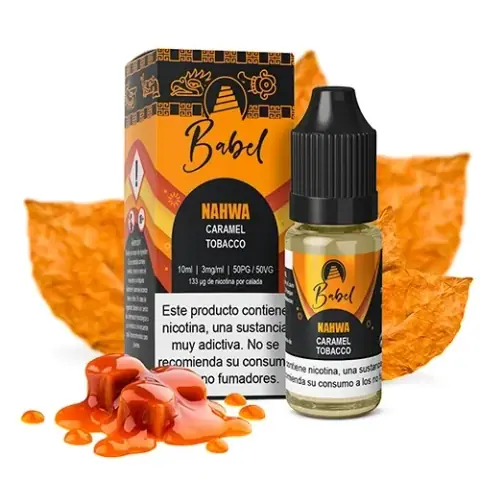 Frasco de Nahwa de Babel con tapón negro y caja naranja, acompañado de hojas de tabaco y caramelos con salsa de caramelo.