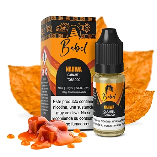 Frasco de Nahwa de Babel con tapón negro y caja naranja, acompañado de hojas de tabaco y caramelos con salsa de caramelo.