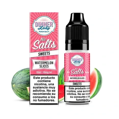 Frasco y caja rosa de Dinner Lady Nic Salts Watermelon Slices, con sandía al fondo y advertencias sobre nicotina.