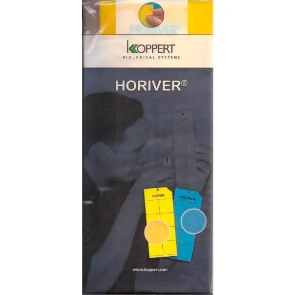 Envase de trampas adhesivas Horiver de Koppert, con ilustraciones de placas amarilla y azul sobre un fondo oscuro.