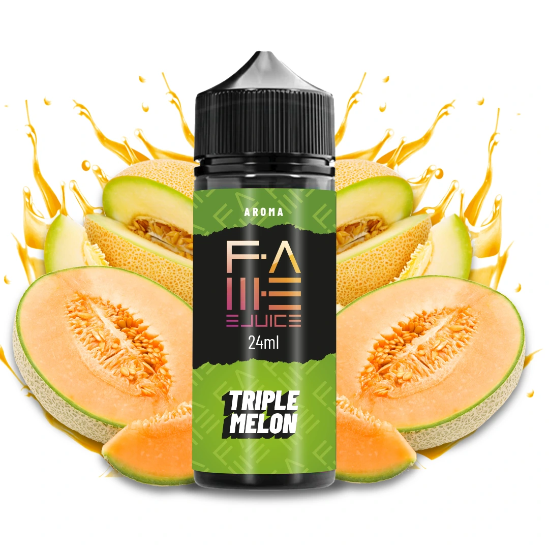 Frasco de aroma Triple Melon Fame Ejuice con etiqueta verde y tapón negro, rodeado de melones cortados y salpicaduras amarillas.