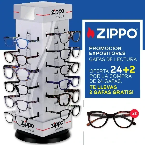 Expositor Zippo con gafas de lectura de distintas monturas, un par ampliado y un cartel con la oferta de 24 más 2 gratis.