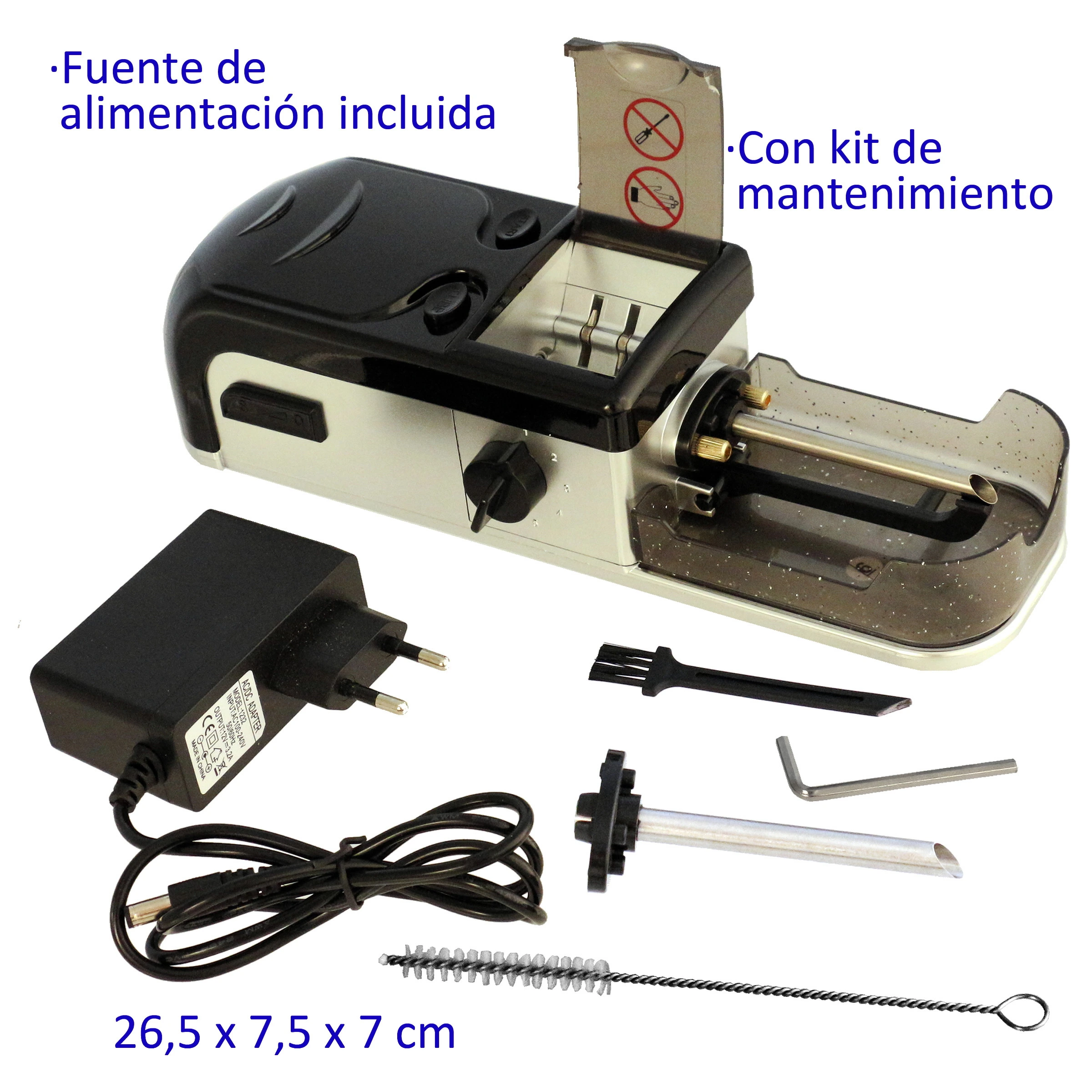 Máquina eléctrica llenadora de tubos con tapa abierta, adaptador de corriente, cepillos, llave Allen y accesorios sobre fondo blanco. Máquina eléctrica llenadora de tubos con tapa abierta, adaptador de corriente, cepillos, llave Allen y accesorios sobre fondo blanco.