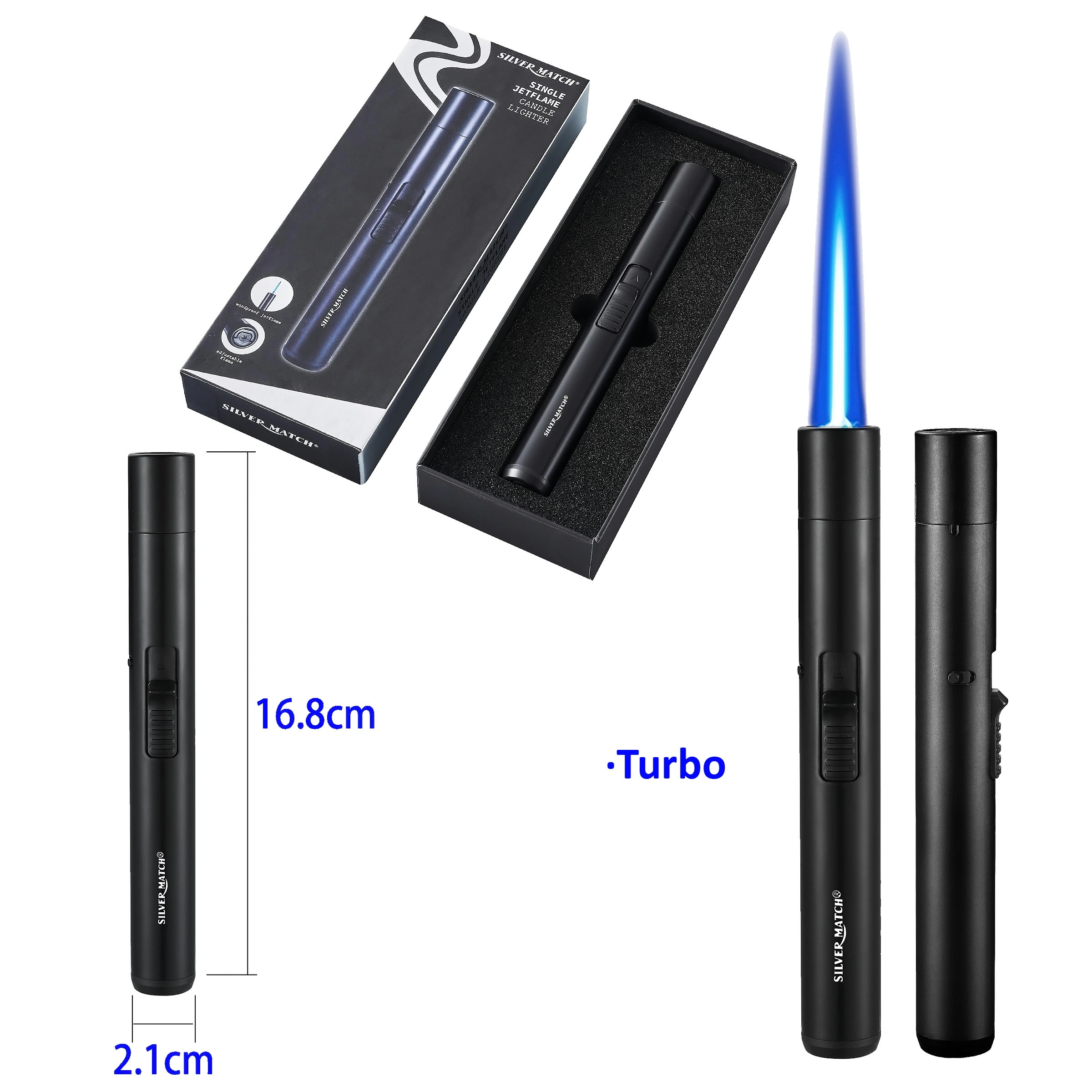 Encendedor turbo Silver Match negro y alargado, mostrado desde varios ángulos, con llama azul y estuche abierto con interior acolchado.