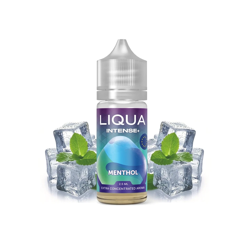 Frasco de Liqua Intense Menthol de 2,5 ml con tapón plateado y etiqueta azul y violeta, rodeado de cubitos de hielo y hojas de menta.